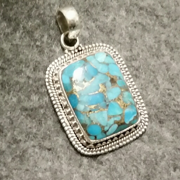 925 Silver Copper Blue Turquoise Pendant - Picture 2 of 8